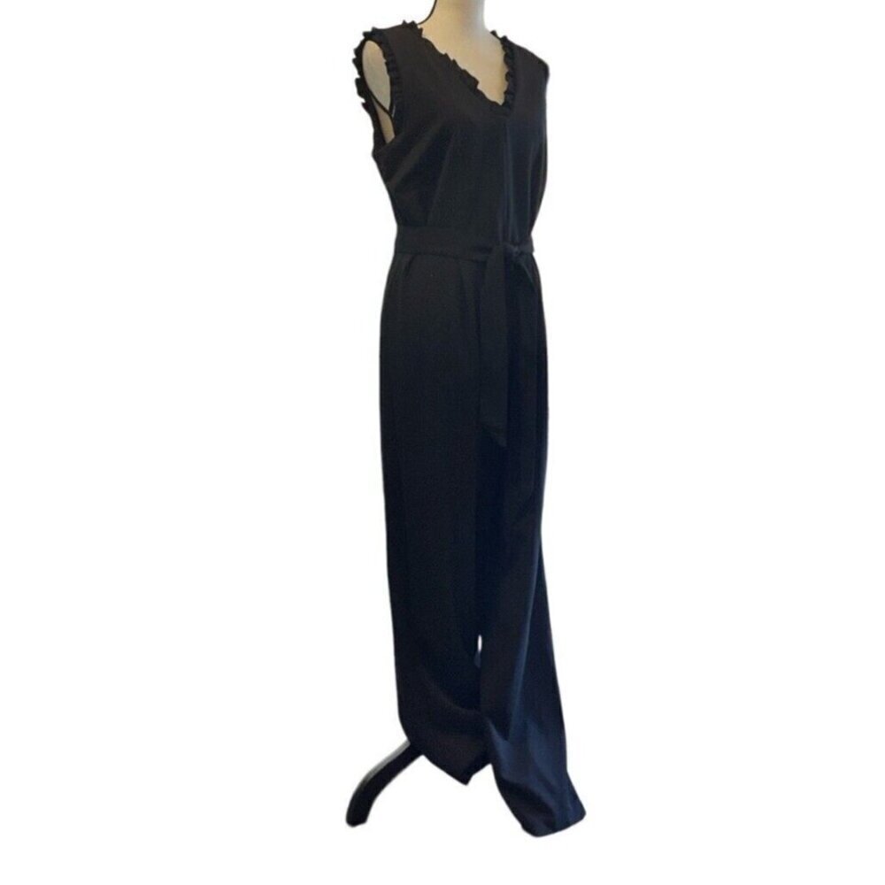 Emma & Michele Womens V Neck Ruffle Jumpsuit Size 10 Black Zipper Tie - Picture 5 of 16